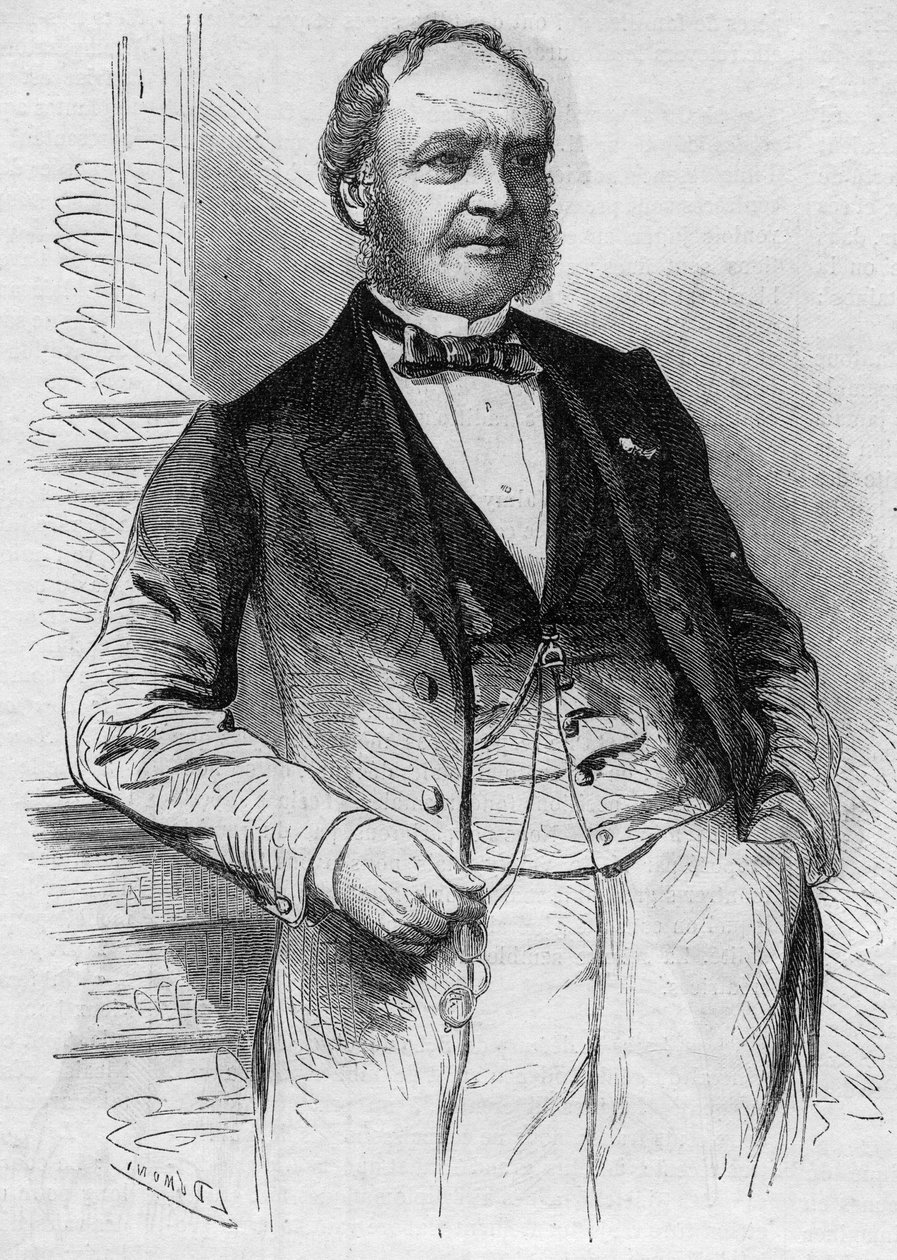 Portret van Louis Christophe François Hachette, Franse uitgever. Gravure in "Le Monde Illustré" nr. 383 van 13 augustus 1864 door French School