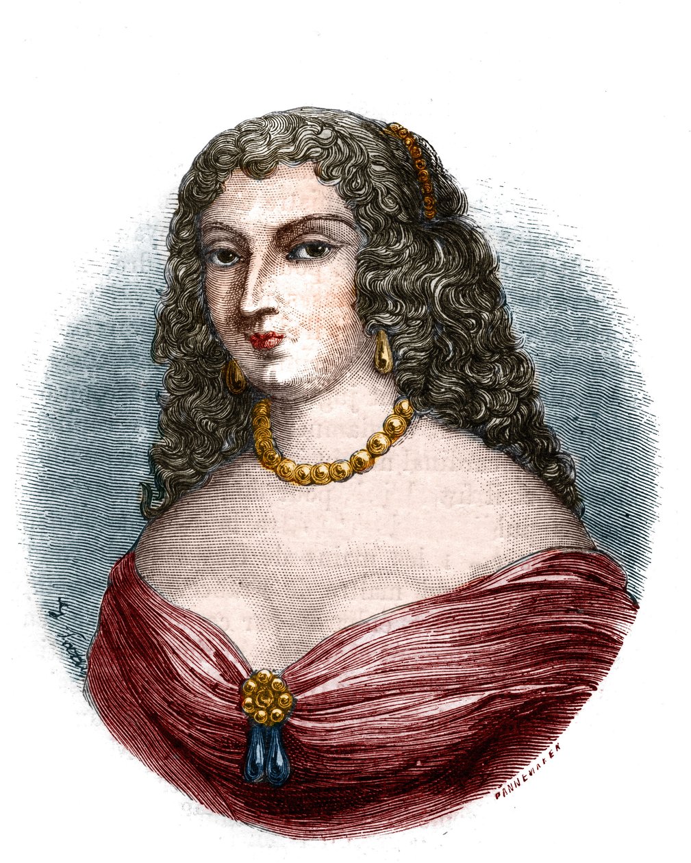 Portret van juffrouw de la Fayette (Louise de La Fayette 1618-1665), minnares in titel maar zonder functies van koning Lodewijk XIII gezien de impotentie van de heer. Gravure in 