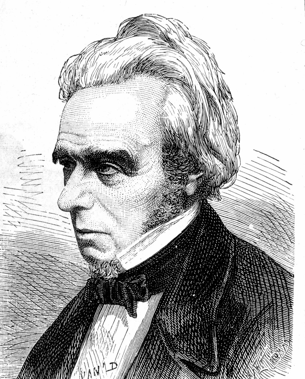 Portret van Michel Faraday (1791 - 1867), Britse natuurkundige en chemicus - in Album van Wetenschap; beroemde wetenschappers; Grote ontdekkingen 1896 door French School
