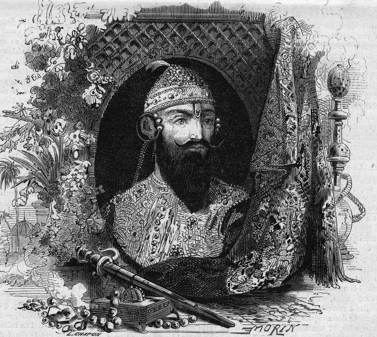 Portret van Nana Saheb, leider van de antikoloniale opstand van de Cipayas in India. Gravure in "Le Monde Illustré" nr. 331 van 15 augustus 1863 door French School