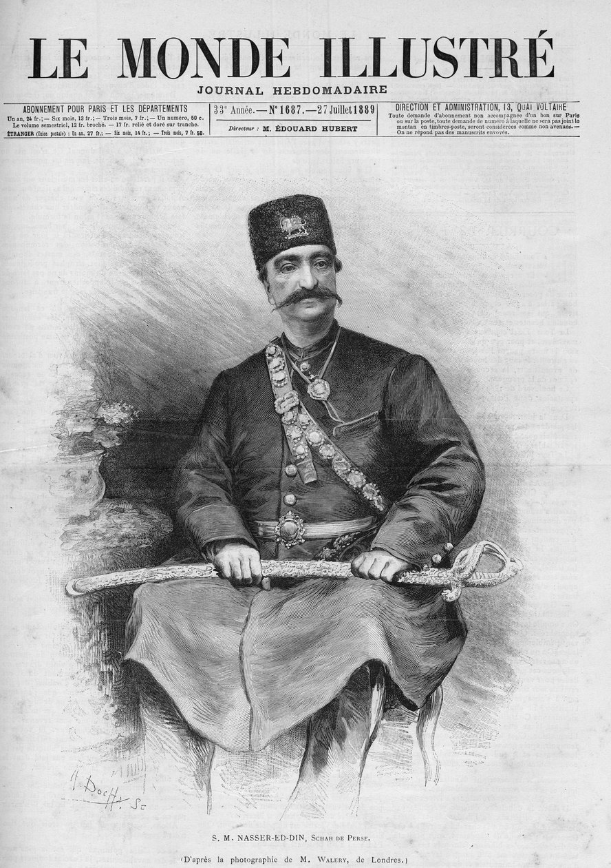 Portret van Nasser Ed Din (1831-1896), Shah van Perzië (Iran). Ook wel Nasseredin Shah, Nasserer-al-Din Shah Qajar, Nasser al-Din Shah Qajar, Nassiruddin Shah genoemd. Een van de kranten 