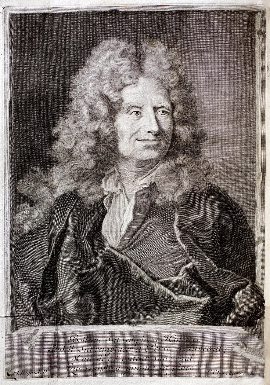 Portret van Nicolas Boileau, ook bekend als Boileau Despreaux (Boileau-Despreaux) (1636-1711) dichter, schrijver. Gravure ter illustratie van de Werken van M. Boileau Despreaux, met historische illuminaties, Deel 1, editie Fabre et Barillot. door French School