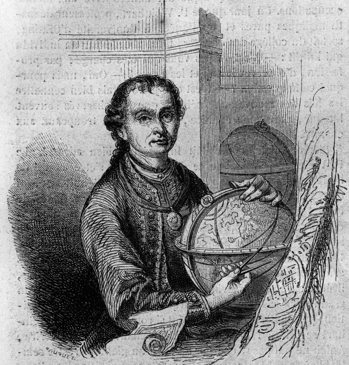 Portret van Pierre (Peter) Anich (1723-1766), Tiroler astronoom en cartograaf, met een globe en een kompas. Gravure in 