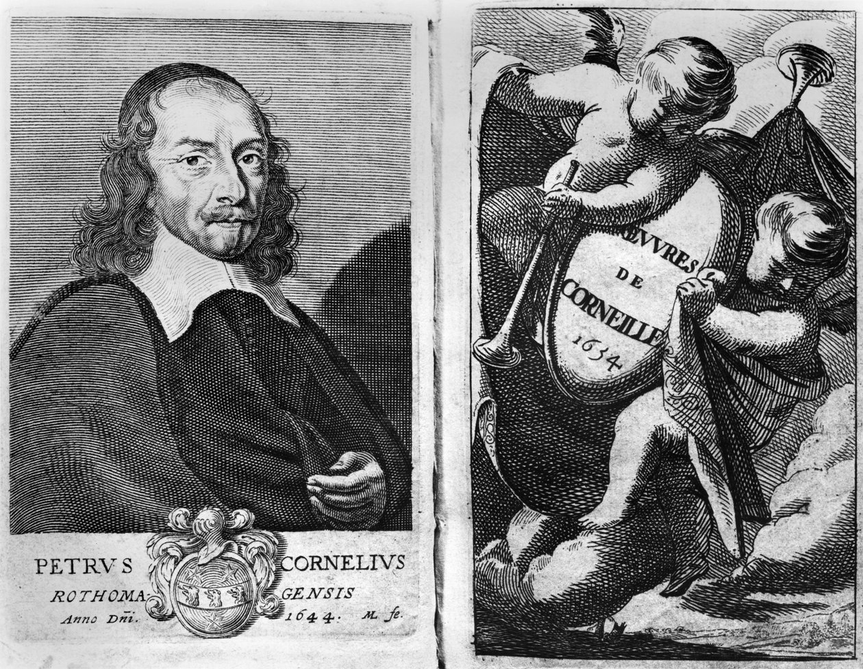 Portret van Pierre Corneille (1606-84) 1644, frontispice voor een editie van Oeuvres de Corneille, gepubliceerd in 1634 door French School