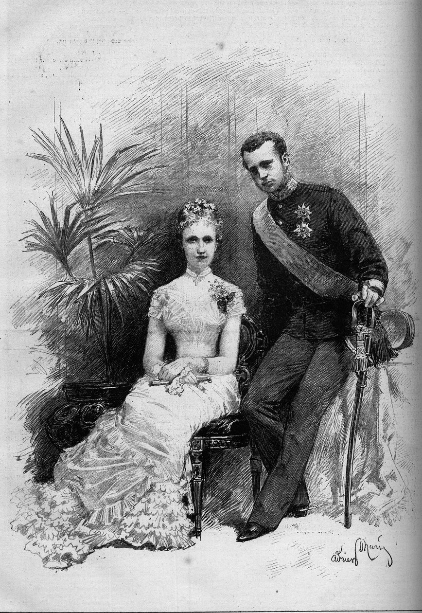 Portret van prinses Stephanie van België (1864-1945) en aartshertog Rodolphe van Oostenrijk (1858-1889). Gravure in 