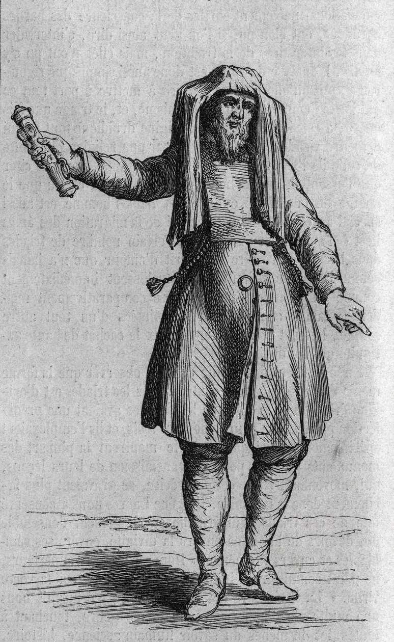 Portret van een Joodse man die de Mezuzoth (Mezouzoth, Mezouzah, Mezouza) vasthoudt. Gravure in 