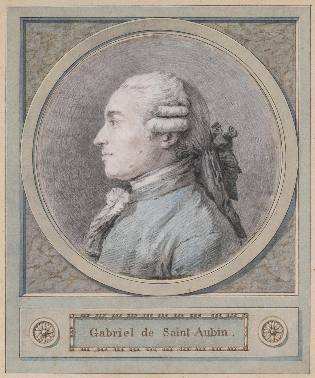 Portret van een man, naar verluidt de beeldhouwer Clodion (1738-1814), eind 18e eeuw (zwart, rood en blauw krijt) door French School