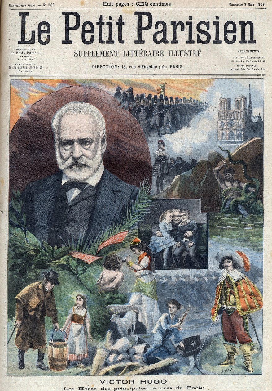Portret van de Franse schrijver Victor Hugo (1802-1885) met illustraties van zijn belangrijkste werken. Gravure in "Le Petit Parisien" door French School