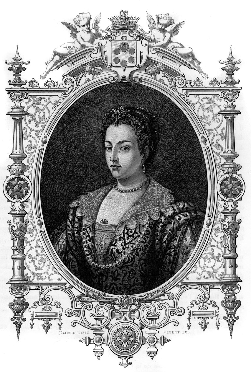 Portret van de Venetiaanse Bianca Cappello (1548 - 1587), vrouw van Francois de Medicis (Francesco de Medici). Gravure uit 1862 in 