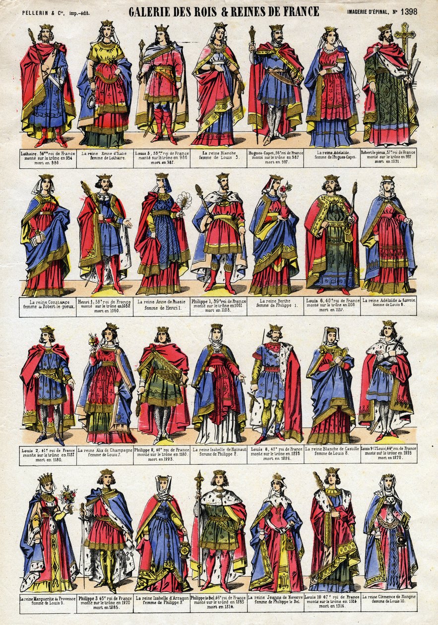 Portret van de koningen en koninginnen van Frankrijk uit de Capetingische dynastie van Lothaire tot Lodewijk X de Hutin. Epinal afbeelding eind 19e eeuw. Privécollectie. door French School