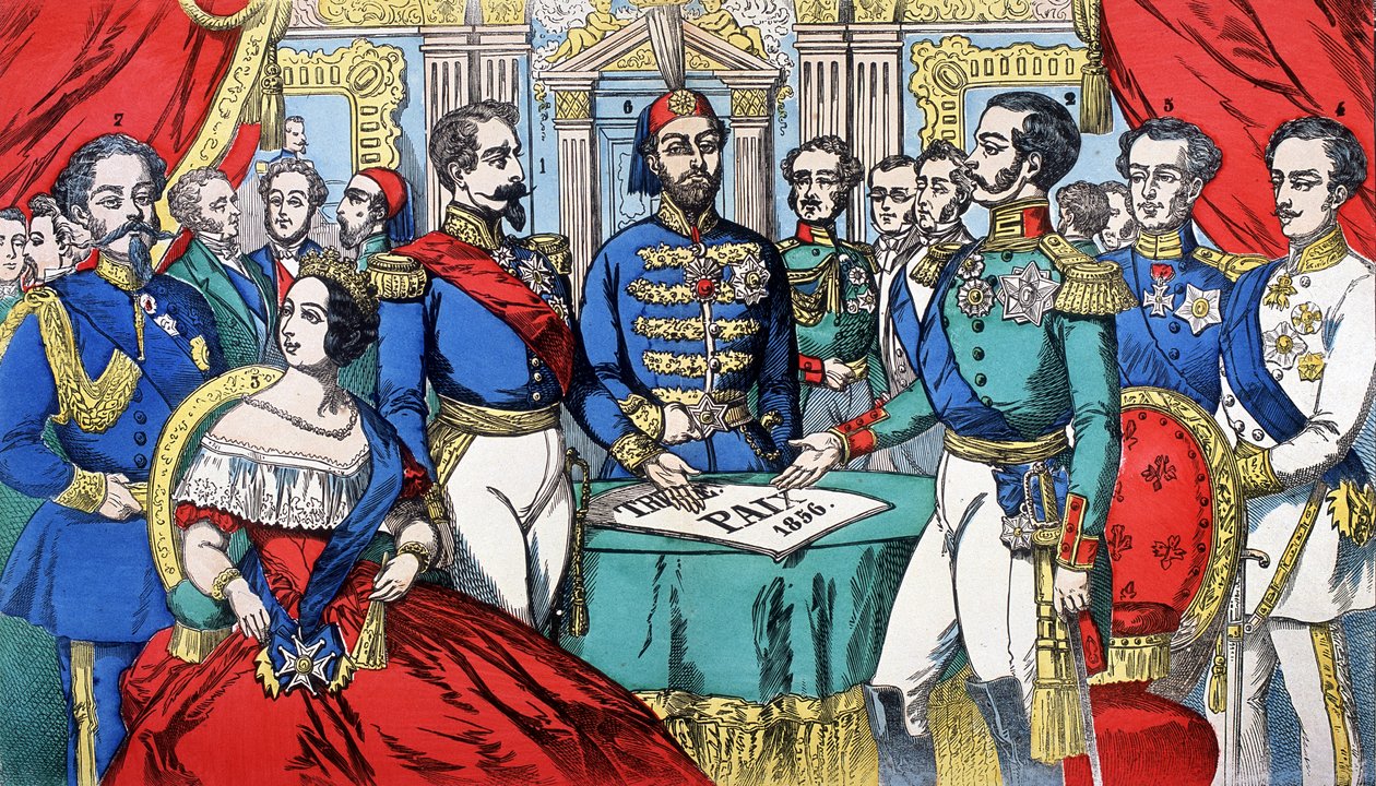 Portret van de soevereinen van Europa tijdens het Vredesverdrag in 1856: van links naar rechts, Victor Emmanuel II, koning van Sardinië, Victoria, koningin van Engeland, Napoleon III, Turkse keizer, Alexander II, koning van Rusland door French School