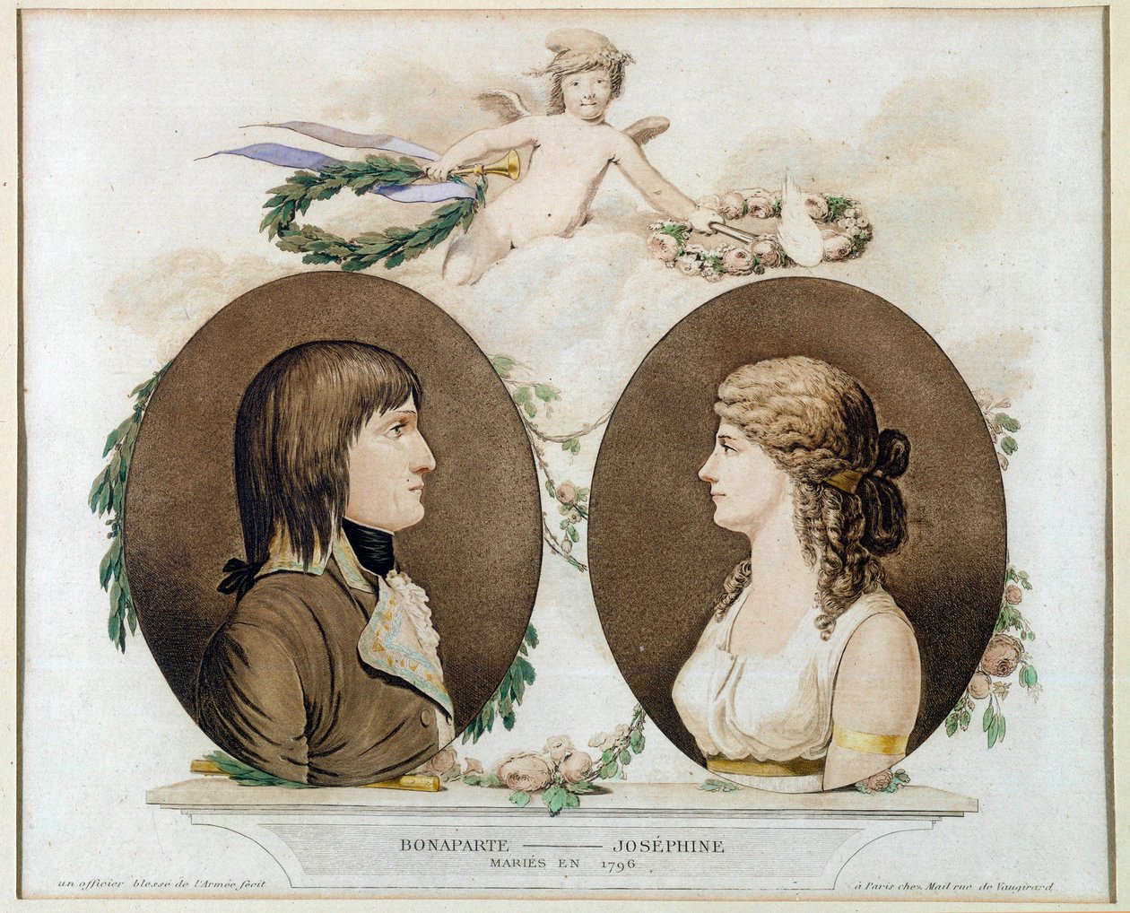 Portretten van Napoleon Bonaparte (1769-1821) en Joséphine de Beauharnais (1763-1814) getrouwd in 1796. Anonieme aquarel rond 1800. Malmaison, kasteel museum door French School