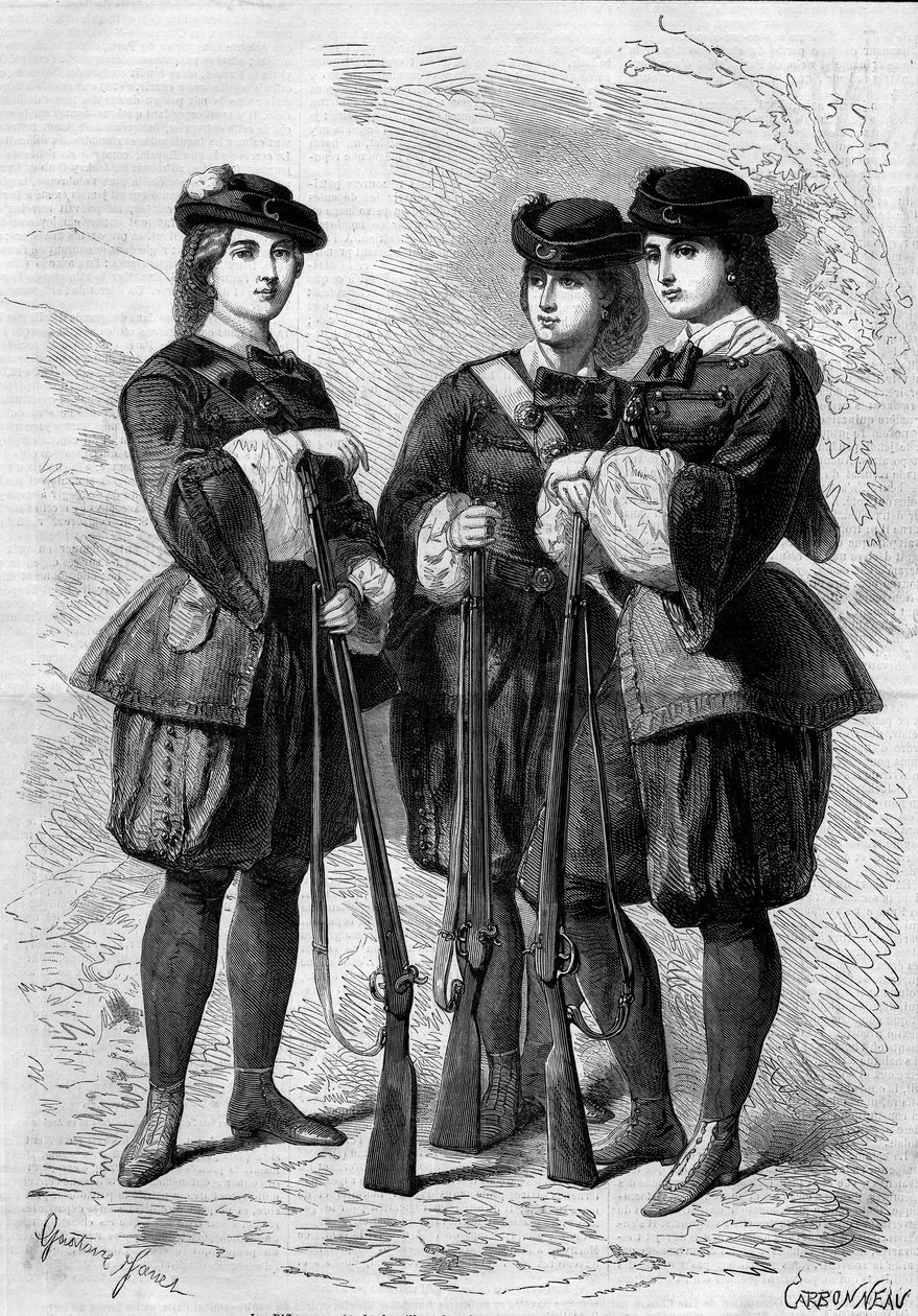 Portretten van Schuttersvrouwen: bataljons van vrouwelijke vrijwilligers in Engeland. Gravure in 