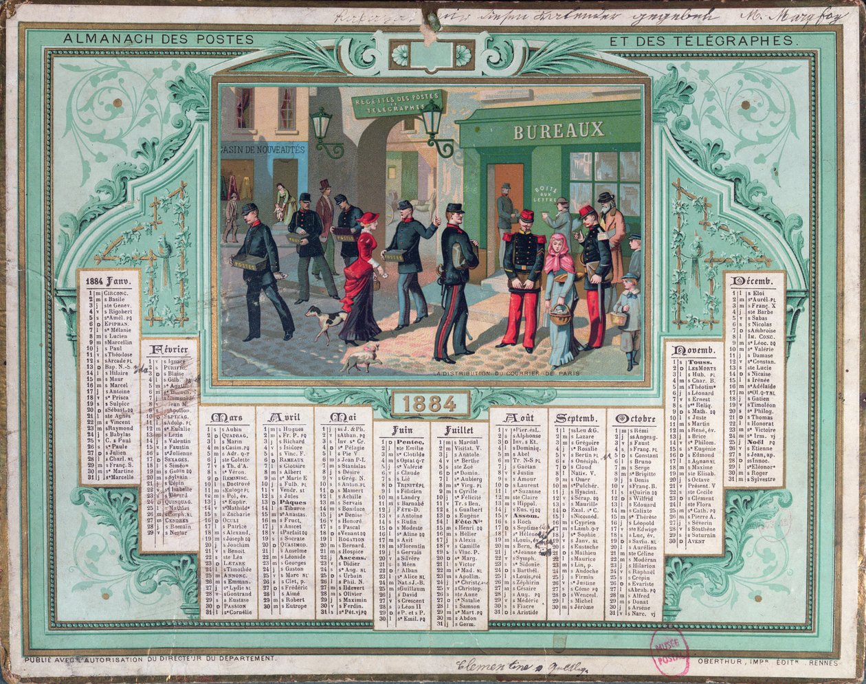 Postkantoor kalender van 1884 door French School