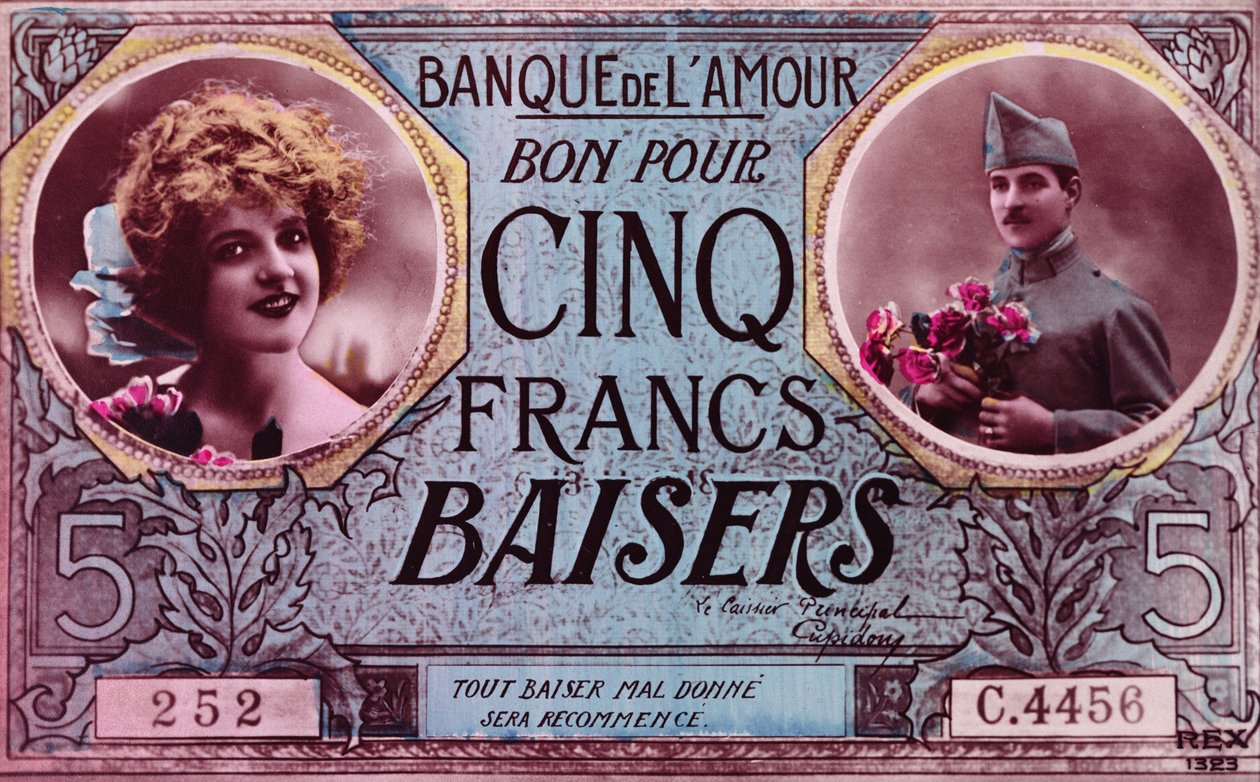 Ansichtkaart in de vorm van een bon voor vijf kusjesfranken van de Bank of Love, 1914-18 door French School