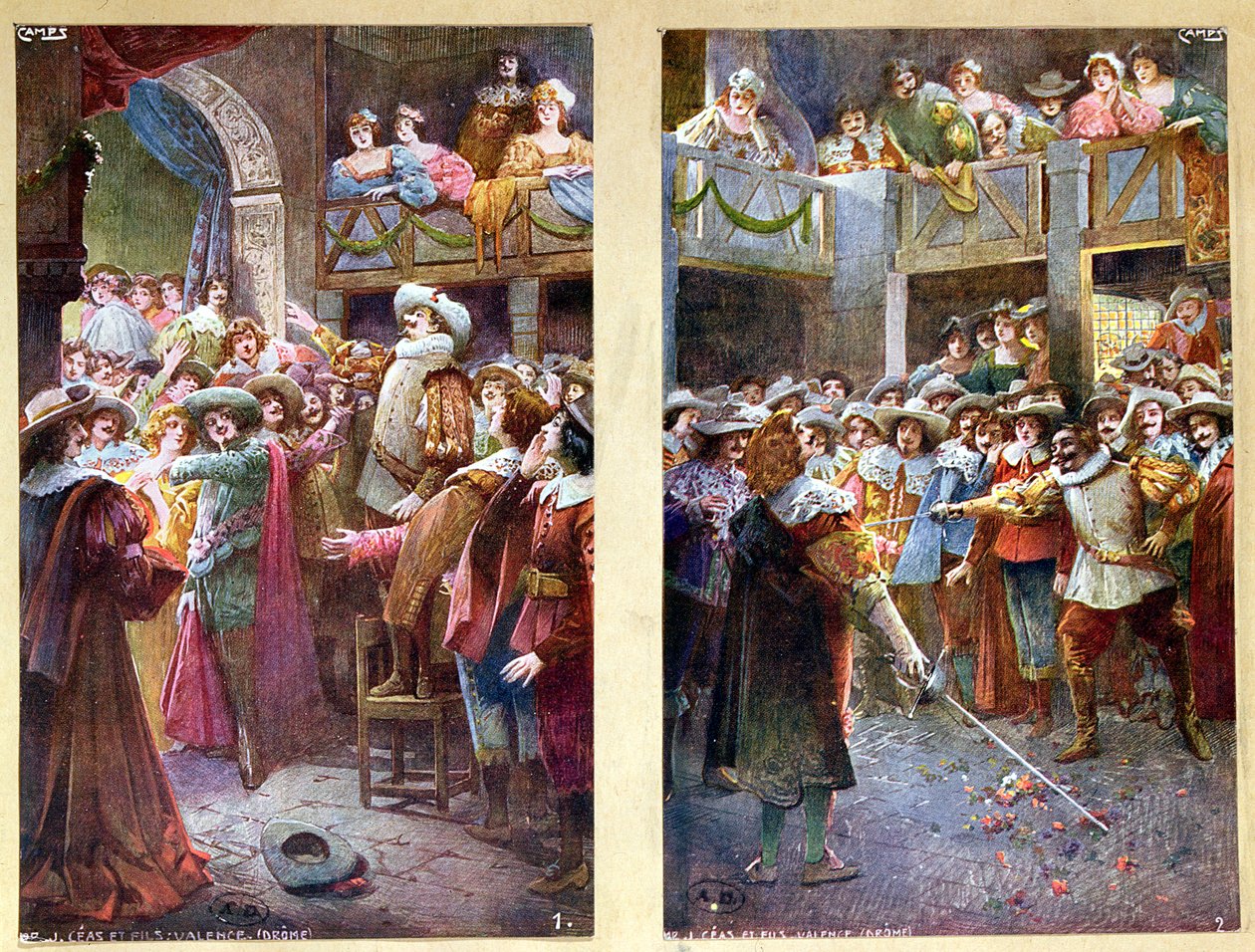Ansichtkaarten met Cyrano de Bergerac en het duel in het Hotel de Bourgogne, ca. 1900 door French School
