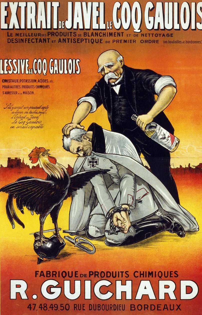 Poster “Bleekextract Le Coq Gaulois - de beste bleek- en reinigingsproducten - eersteklas ontsmettingsmiddel en antisepticum (in flessen en flessen) - Fabriek van chemische producten René Guichard” gepubliceerd in Bordeaux in 1917 door French School