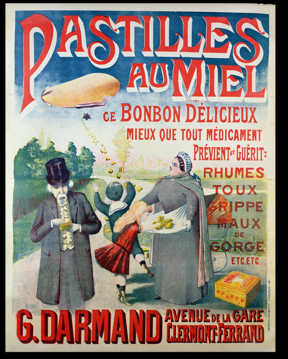 Poster die Pastilles au Miel, honingpastilles, gemaakt door G. Darmand adverteert door French School