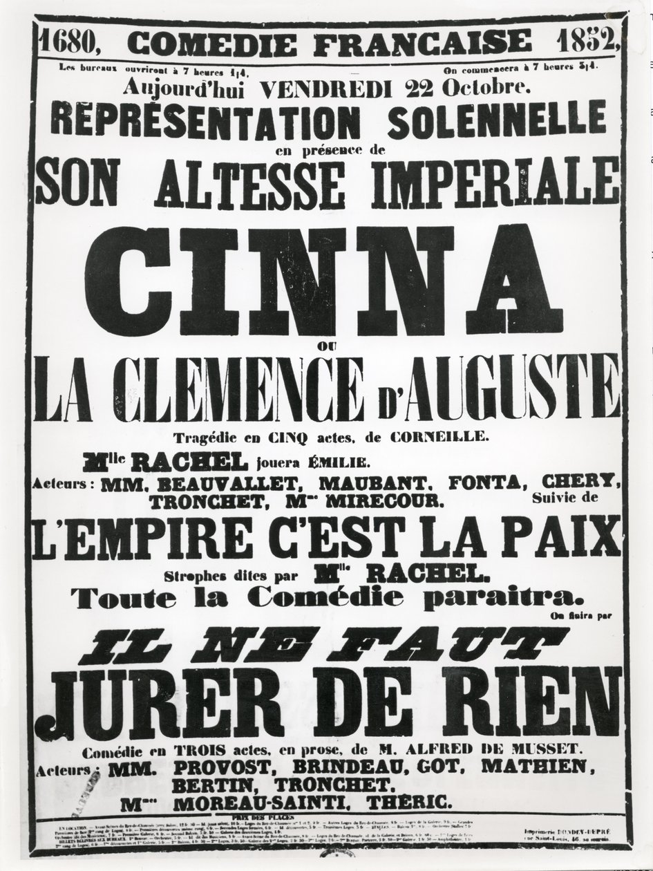 Poster die een voorstelling adverteert in de Comédie-Française op 22 oktober 1852, van Corneilles tragedie, Cinna, gevolgd door een voordracht van het gedicht L