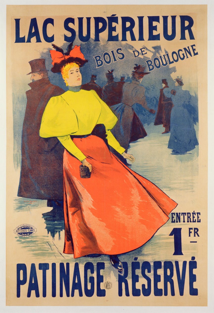 Poster die een schaatsbaan op het Lac supérieur in het Bois de Boulogne adverteert door French School