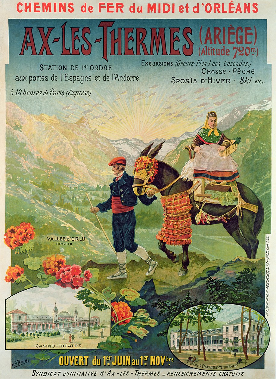 Poster die het skioord Ax-Les-Thermes, Frankrijk, ca.1900 adverteert door French School