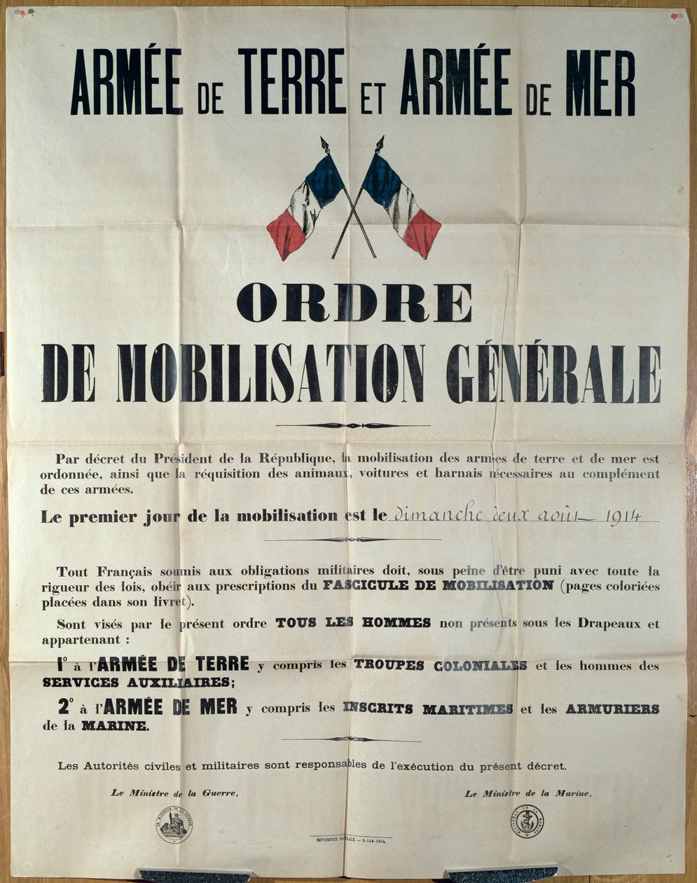 Poster aankondiging Algemene Mobilisatie in Frankrijk, 2 augustus 1914 door het Ministerie van Oorlog en Marine door French School