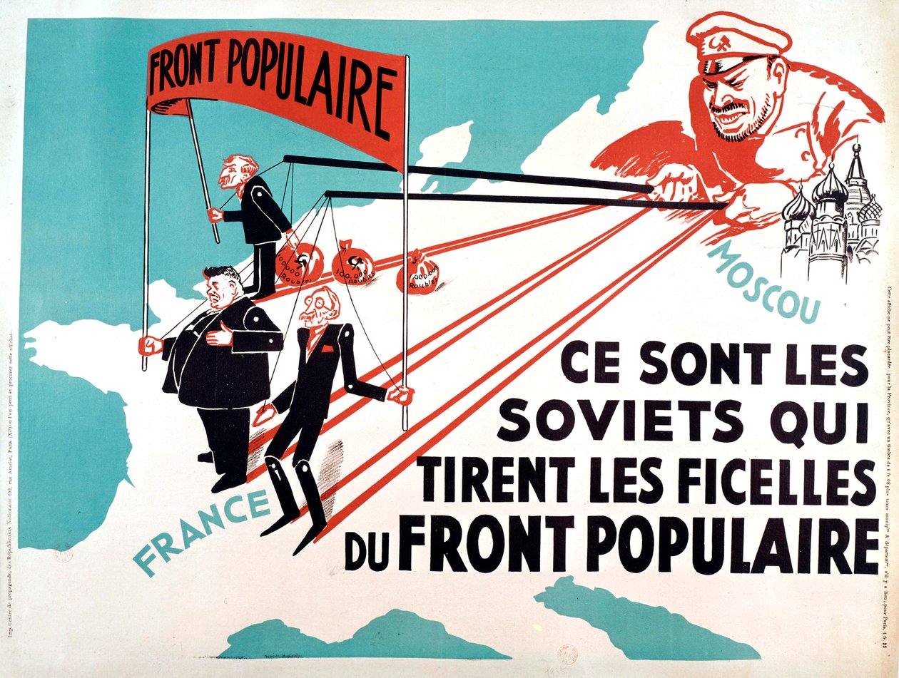 Affiche met Edouard Herriot, Leon Blum als de poppen van Moskou, ca.1936 (affiche) door French School