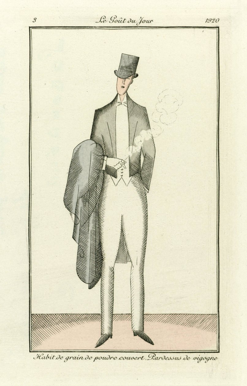 Poedervormig graan habijt bedekt. Vicuna overjas uit Costumes Parisiens, pub.1912 (handgekleurde gravure door French School
