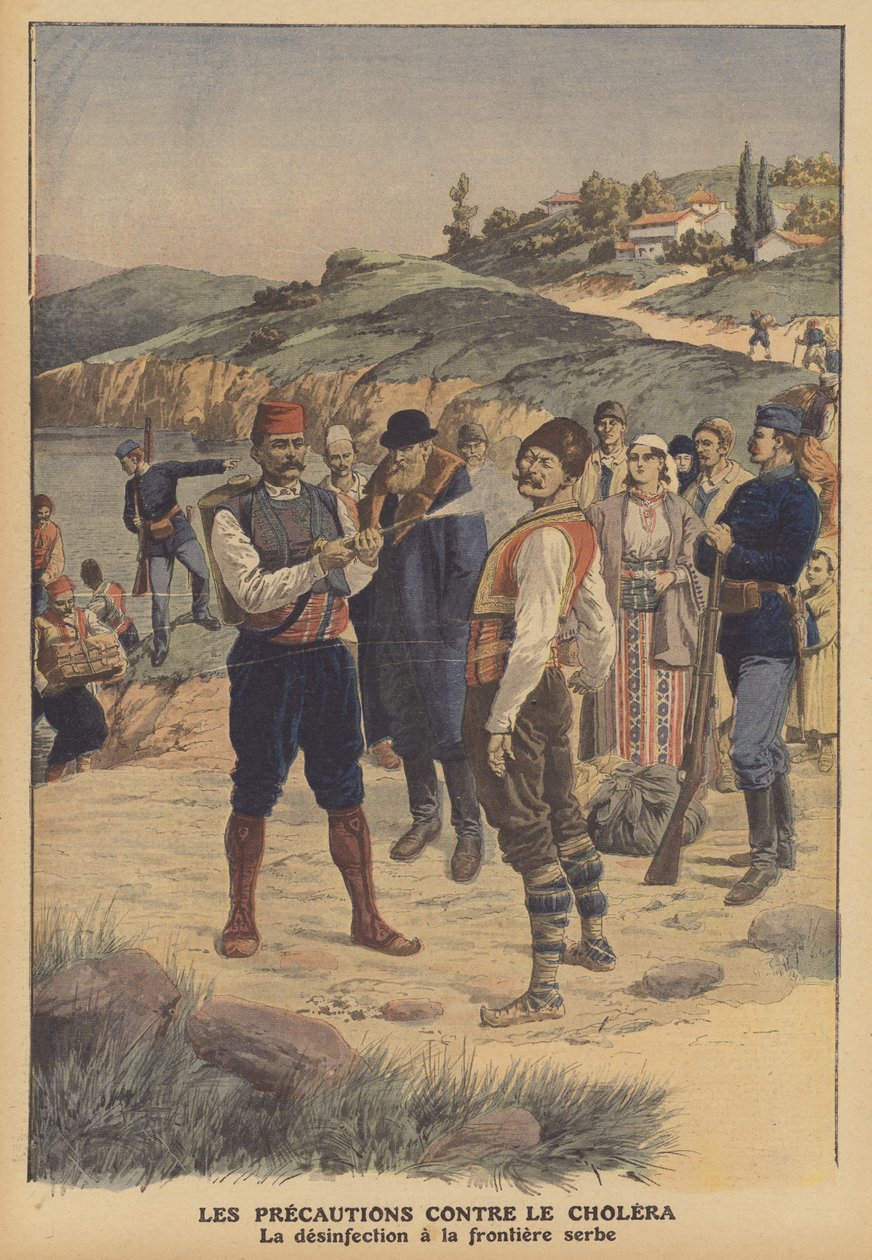 Voorzorgsmaatregelen tegen cholera (kleurenlitho) door French School