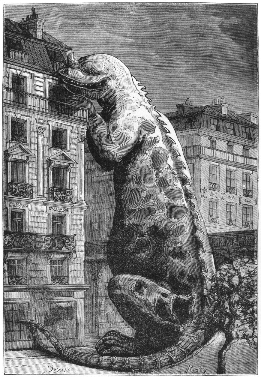 Prehistorisch monster in een moderne stad, gegraveerd door Motty, illustratie uit Le Monde Avant la Creation de l