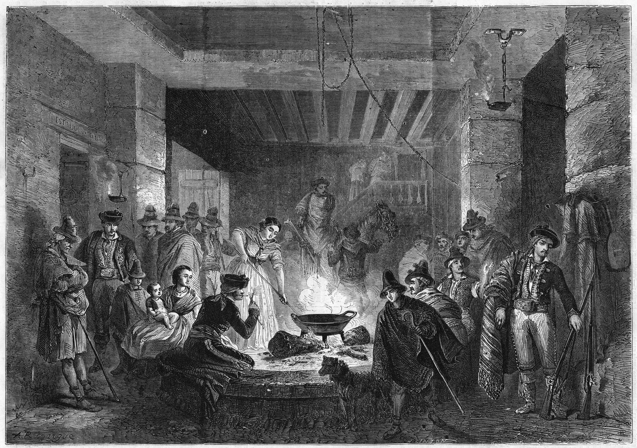 Voorbereiding van de maaltijd in een posada (herberg) van de Sierra Nevada, Spanje. door French School