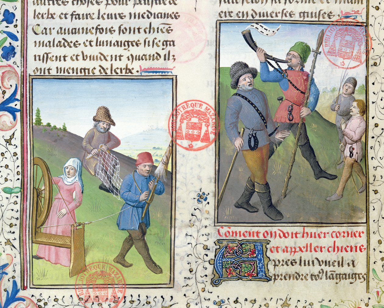 Voorbereiden van netten voor de jacht, uit het Livre de la Chasse door Gaston Phebus de Foix (1331-91) door French School