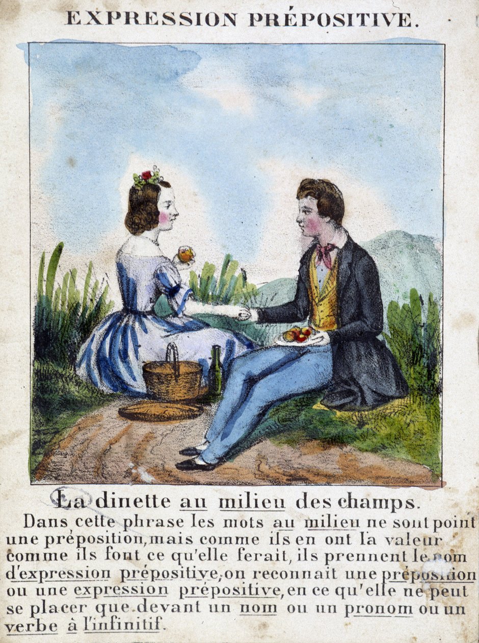 Voorzetseluitdrukking (La dinette au milieu des champs) - grammatica boek in beelden, circa 1850 door French School