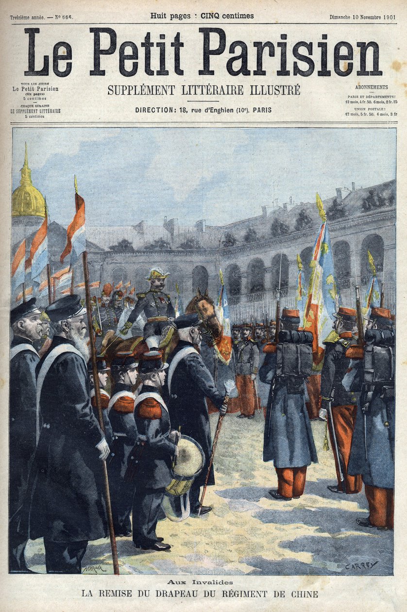 Presentatie van de vlag van het Regiment van China door generaal Faure Biguet aan generaal Arnoux gouverneur bij de Invalides in Parijs, in 