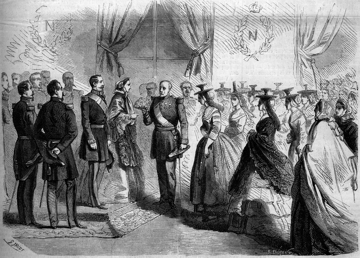 Presentatie aan Napoleon III (1808-1873) en aan de Keizerin Eugenie (1826-1920) van twaalf Maconnaises in landelijke klederdracht. Macon, Saone en Loire (71) door French School