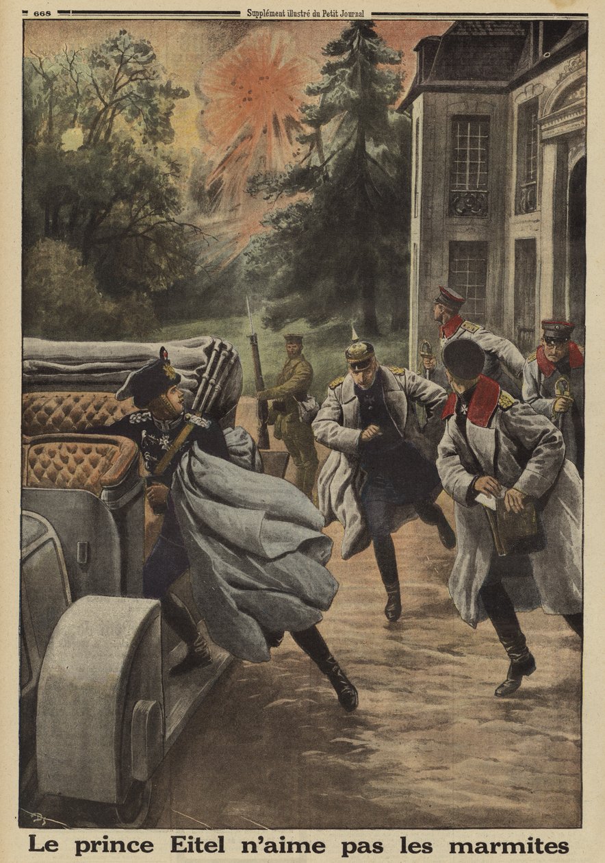 Prins Eitel Friedrich van Pruisen, tweede zoon van keizer Wilhelm II van Duitsland, vlucht in paniek als zijn hoofdkwartier in het Chateau de Temple-la Fosse onder Franse artilleriebeschietingen komt tijdens de Slag aan de Somme, Eerste Wereldoorlog door French School