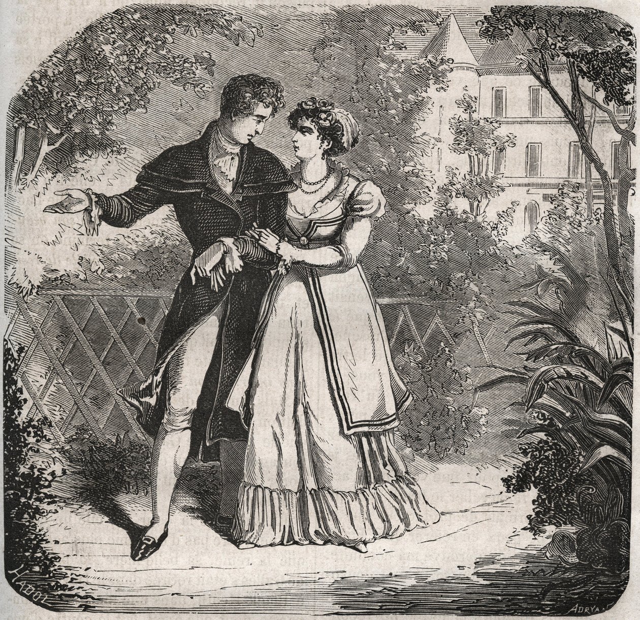 Prinses van Wales Carolina van Brunswick (1768-1821) wandelend met haar minnaar, Bartolomeo Bergami. Gravure uit 1871 in 