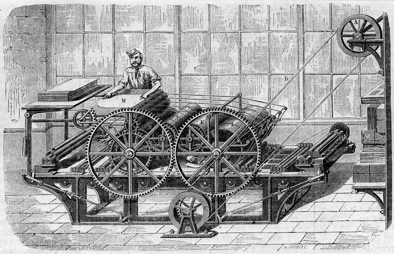 Druk van een krant: mechanische pers voor het drukken van afdrukken door French School