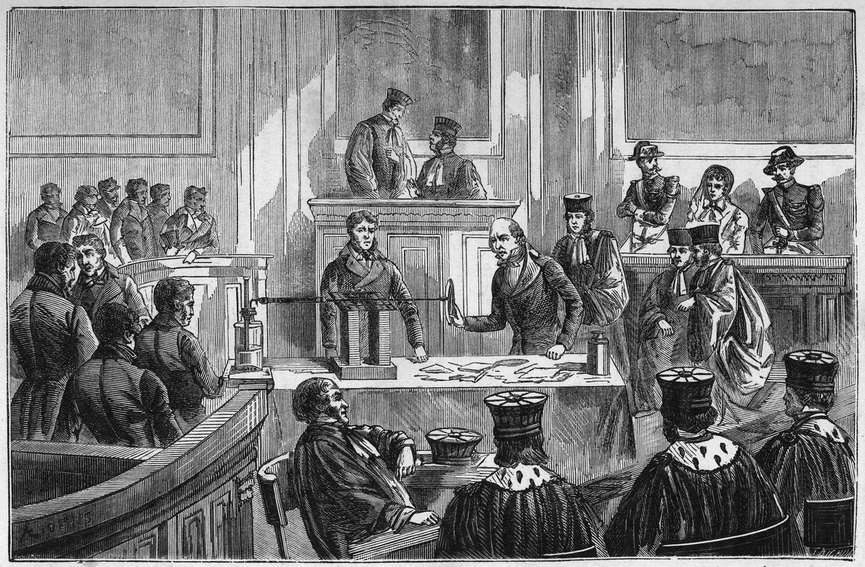 Proces door Marie Fortunee Capelle (1816-1852), bekend als Marie Lafarge, een Franse crimineel veroordeeld voor de moord op haar man in 1840 - Gravure in 