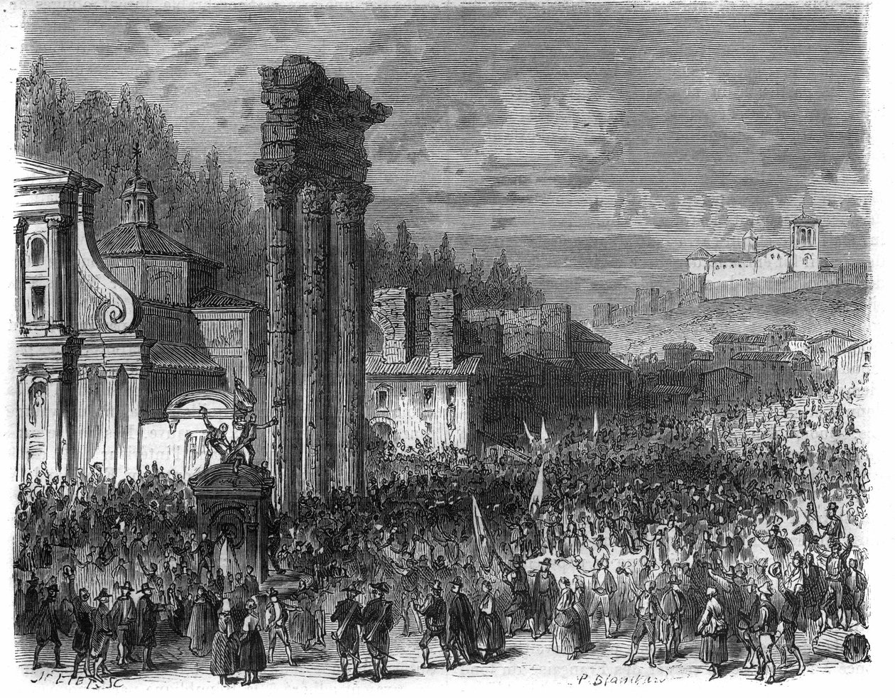 Proclamatie van de Romeinse Republiek in 1798. (Proclamatie della repubblica romana nel 1878) Gravure in 
