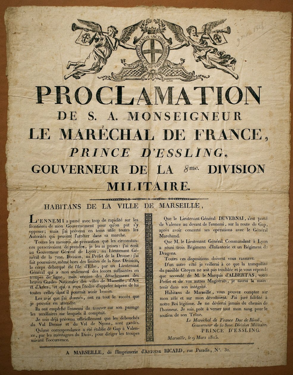 Proclamatie aan de inwoners van de stad Marseille, gedateerd 9 maart door French School