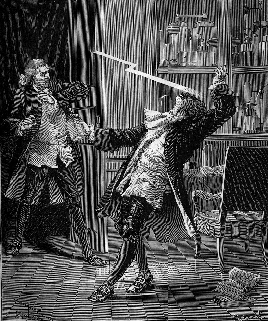 Professor Georges Guillaume Richmann (1711-1753) stierf in zijn werkplaats na een experiment met een elektrometer door French School