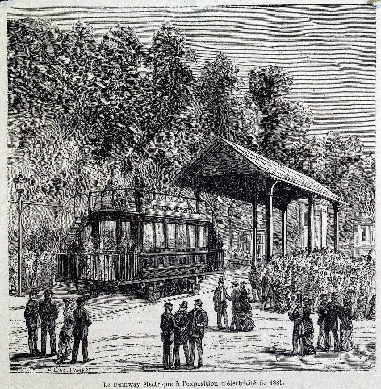 Vooruitgang in transport: de elektrische tram tentoongesteld in 1881 door French School
