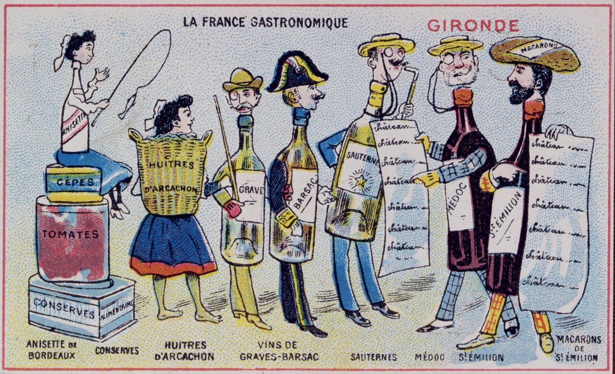 Promotie- en educatieve kaart voor kinderen met voedsel specialiteiten van de Gironde regio, ca.1910 door French School