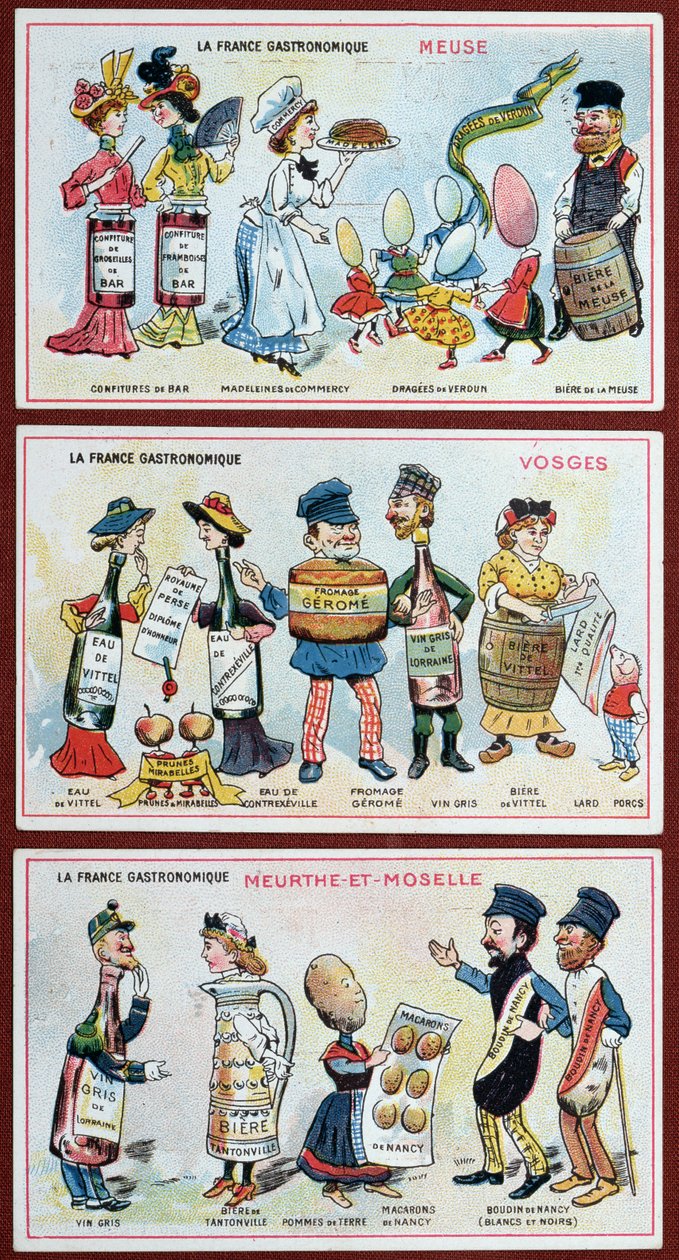 Promotie- en educatieve kaarten voor kinderen met voedsel specialiteiten uit de Lorraine-regio, ca.1910 door French School