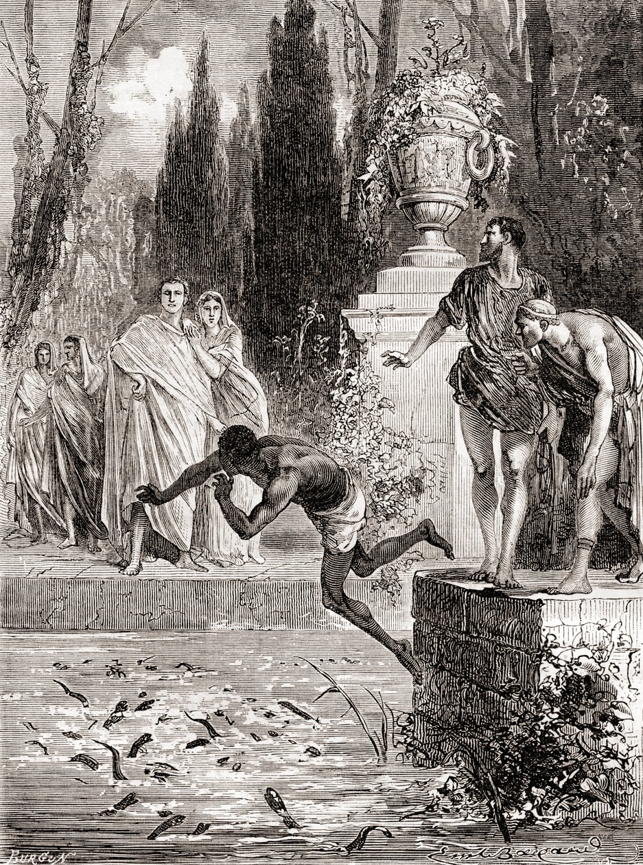 Publius Vedius Pollio, Romeins ruiter, voert een slaaf aan zijn murenealen, uit Les Merveilles de la Science, gepubliceerd ca. 1870 door French School
