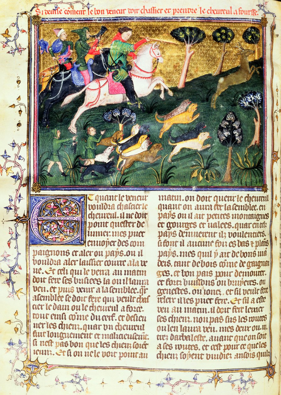 Achtervolging van een ree, uit Livre de la Chasse, originele tekst geschreven door Gaston III, Graaf van Foix Phebus le Chasseur (1331-91) Avignon, 1387-89 door French School