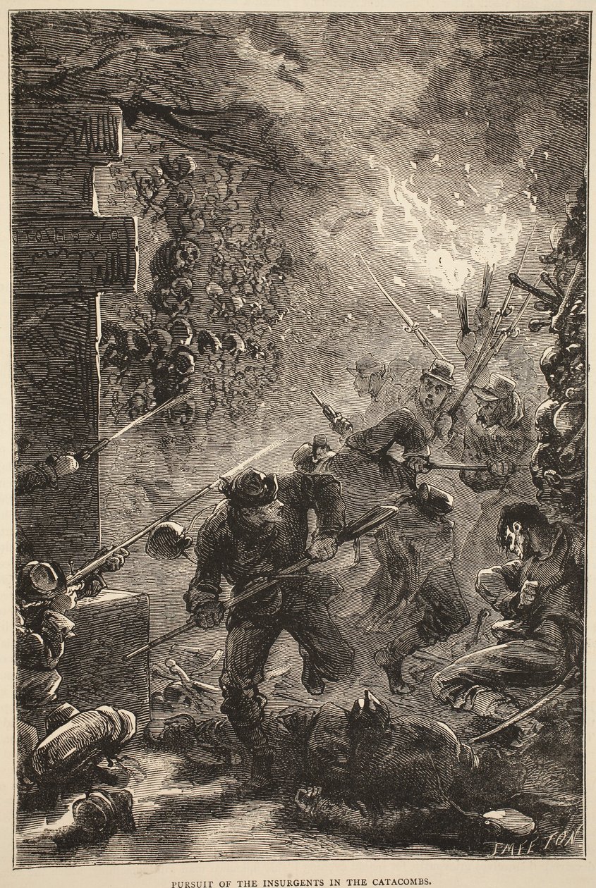 Achtervolging van de opstandelingen in de catacomben, mei 1871, illustratie uit Cassells Geschiedenis van de Oorlog tussen Frankrijk en Duitsland, 1870-1871 door French School