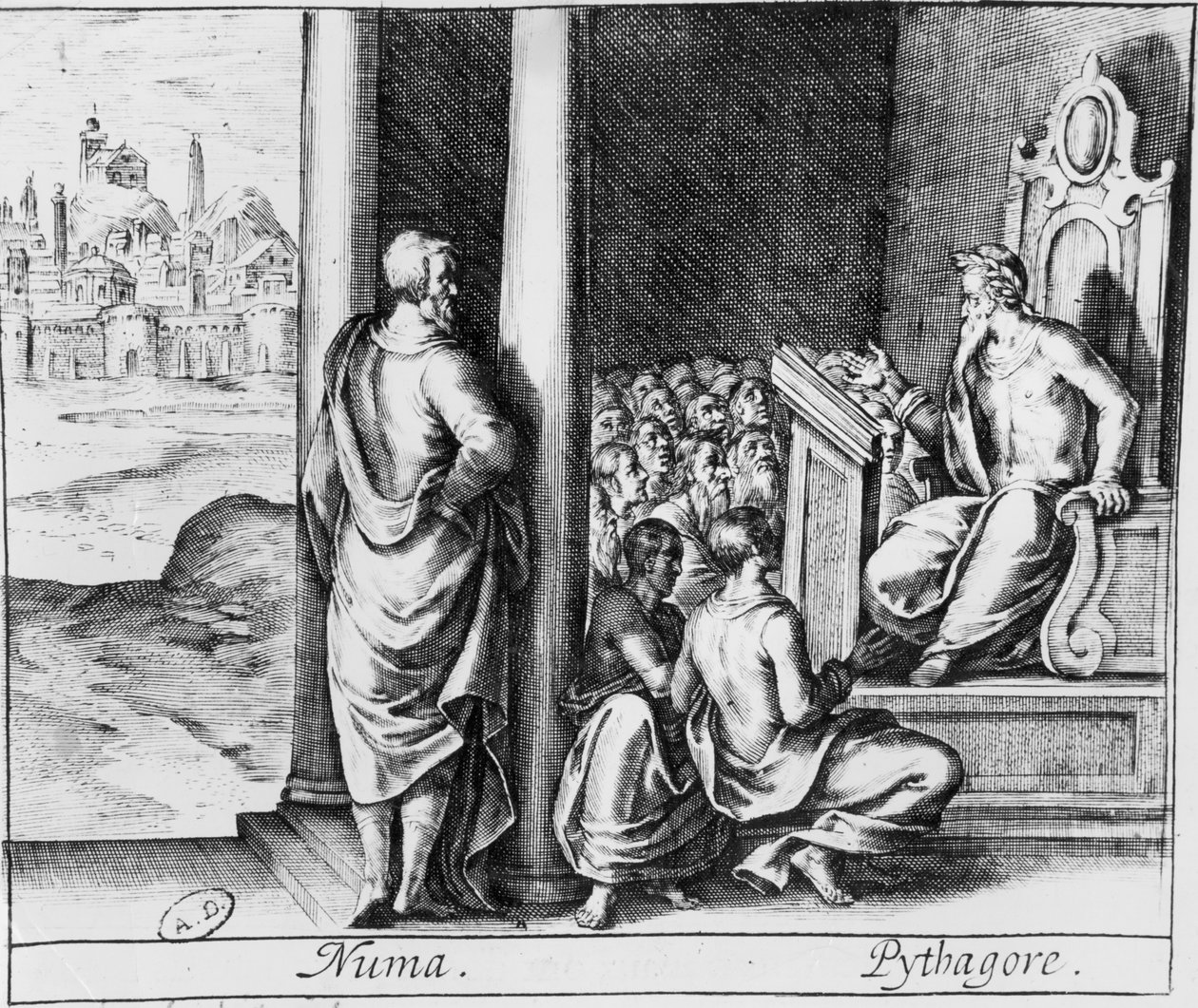 Pythagoras (ca.570-480 v.Chr.) geeft les aan een klas studenten, illustratie uit Ovidius
