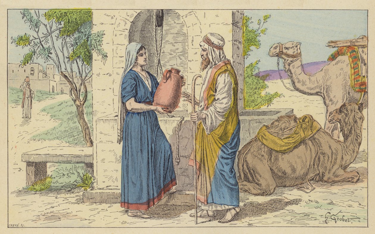 Rebecca bij de bron (kleurenlitho) door French School